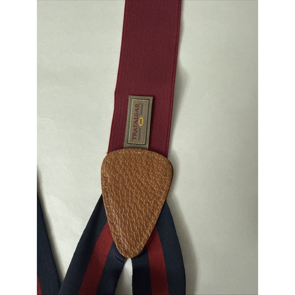 Trafalger Textured Navy Red Stripes Suspenders Gold Hardware Leather Attachments - Picture 4 of 12
